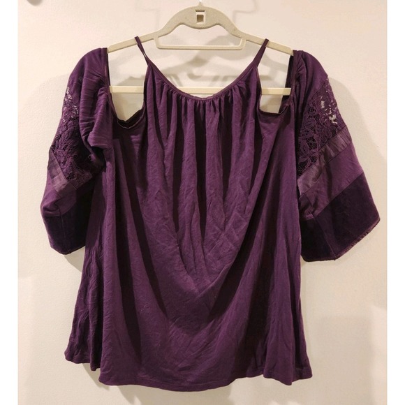 The Loft‎ Women's Top Cold Shoulder Lace Velvet Sleeve Blouse Wine Purple Size M - Picture 1 of 8